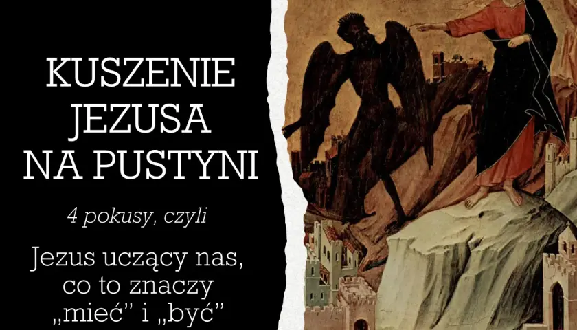 Obraz przedstawia kuszenie Jezusa na pustyni przez diabła.