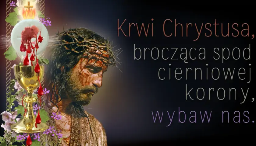 Jezus w koronie cierniowej, z kielichem i hostią. Krwi Chrystusa, brocząca spod cierniowej korony, wybaw nas. Pycha kroczy przed upadkiem.