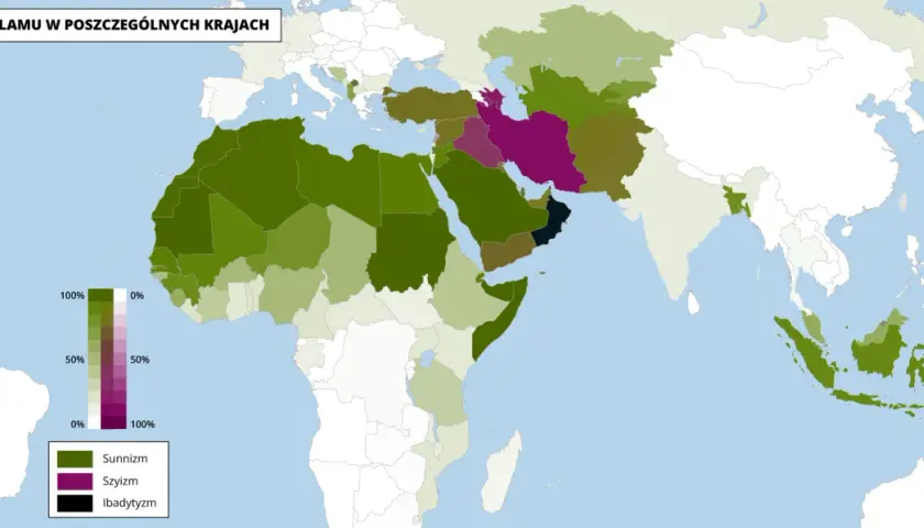 Mapa świata pokazująca rozmieszczenie odłamów islamu. Dominacja sunnizmu w większości krajów, z widocznymi obszarami szyizmu i ibadytyzmu.