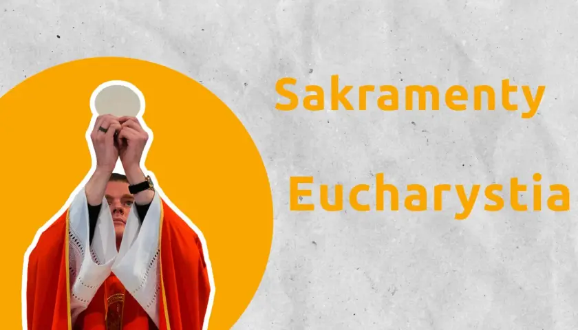 Kapłan w szacie liturgicznej podnosi hostię.