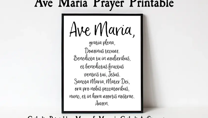 Wydruk modlitwy "Zdrowaś Mario po łacinie" (Ave Maria). Piękny tekst modlitwy w ramce.