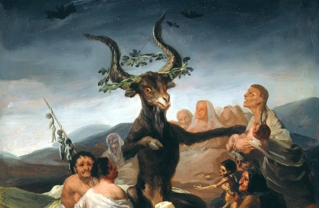 Makabryczna scena z kozłem, symbolem satanisty, otoczonym przez przerażonych ludzi i wiszące postacie.