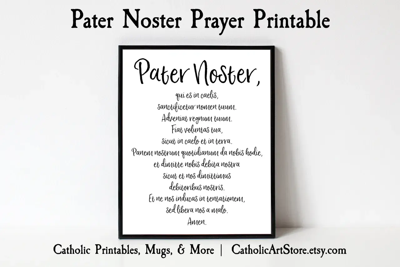 Czarna ramka z tekstem "Pater Noster" po łacinie. Modlitwa "Ojcze nasz po łacinie" na białym tle.