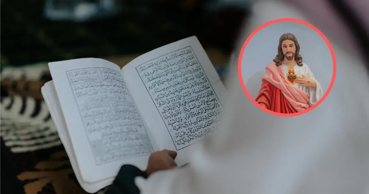 Otwarta księga z arabskim pismem obok wizerunku Jezusa. Jezus w islamie jest prorokiem, a jego narodziny są cudem.