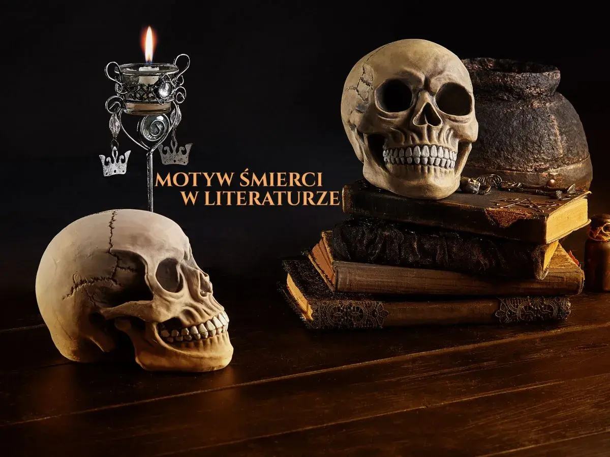 Dwa ludzkie czaszki, świeca i stare księgi tworzą mroczną atmosferę, nawiązującą do demonologii i motywów śmierci w literaturze.