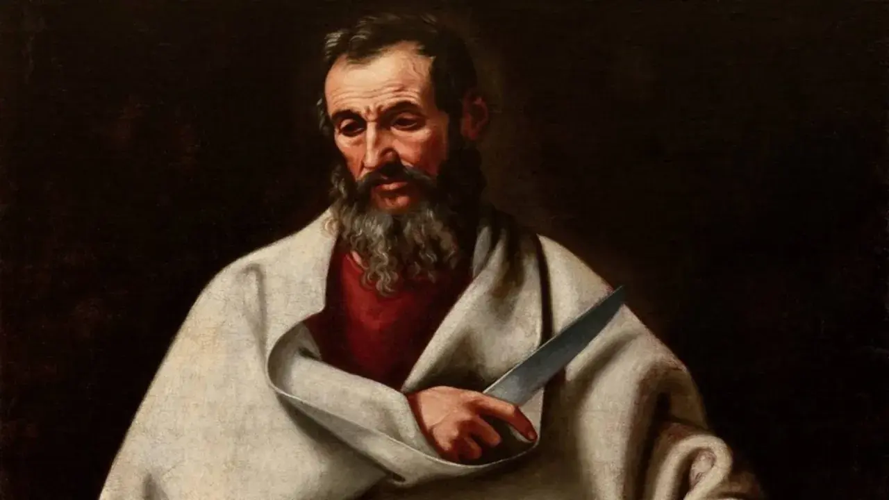 Portret apostoła utożsamianego z Bartłomiejem, z brodą i nożem w dłoni, w białym płaszczu.