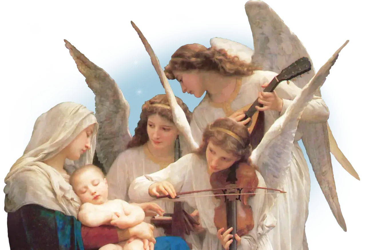 Anioły grające muzykę dla śpiącego Dzieciątka i Matki Bożej. W tle gwiazdy i księżyc. Modlitwa do Michała Archanioła.