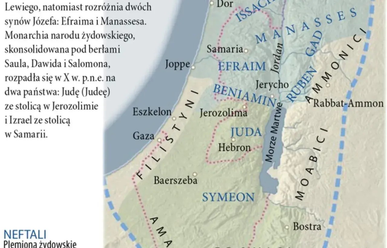 Mapa starożytnego Izraela z podziałem na plemiona. Widać Jerozolimę, Hebron i Samarię. Bóg prowadził swój lud.