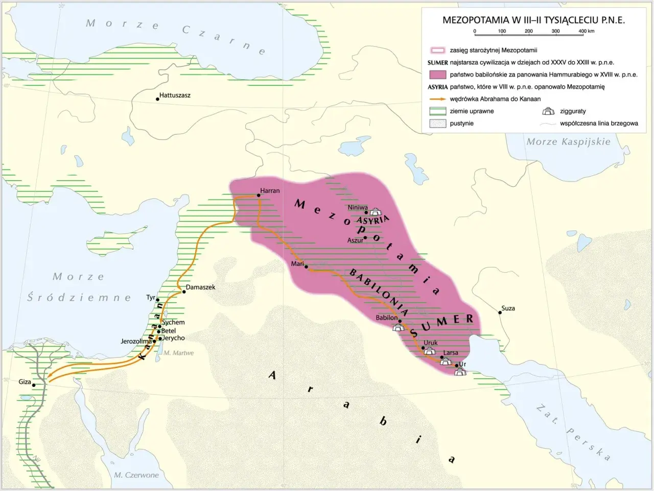 Mapa Mezopotamii z zaznaczoną wędrówką Abrahama do Kanaanu, gdzie osiedlili się izraelici.