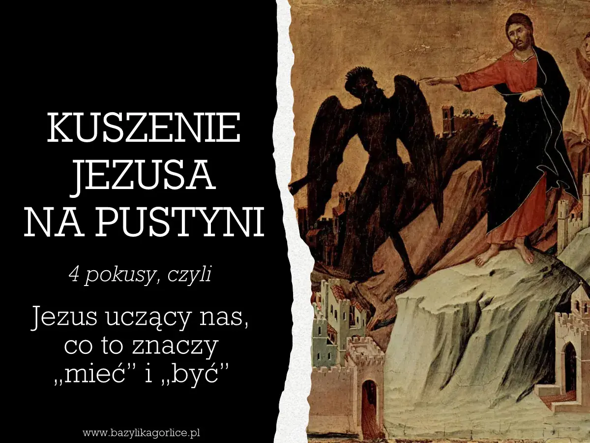 Obraz przedstawia kuszenie Jezusa na pustyni przez diabła.