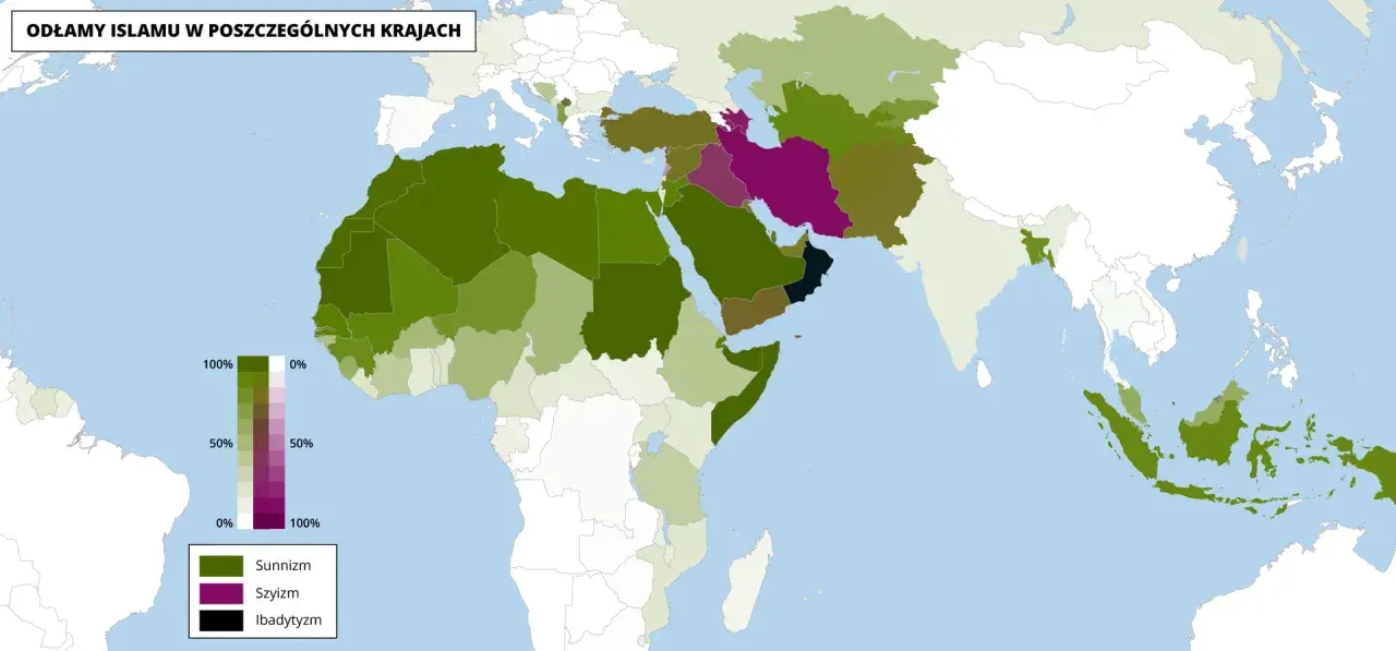 Mapa świata pokazująca rozmieszczenie odłamów islamu. Dominacja sunnizmu w większości krajów, z widocznymi obszarami szyizmu i ibadytyzmu.