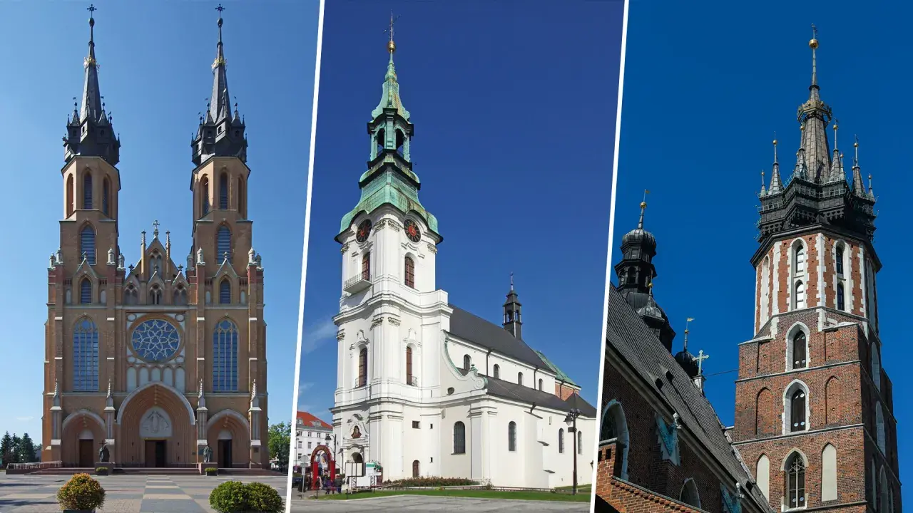 Trzy imponujące budowle sakralne: bazylika z dwiema wieżami, biała świątynia z zieloną kopułą i ceglana wieża. Co to za kolegiata?