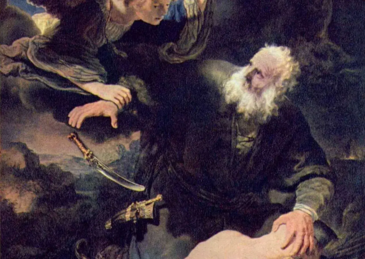 Anioł powstrzymuje rękę Abrahama, by nie złożył syna w ofierze. Obok leży nóż, symbol okrutnego moloch.