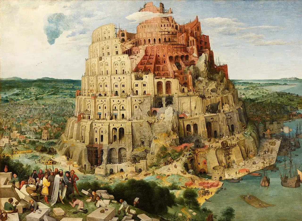 Monumentalna wieża Babel wznosi się ku niebu, otoczona miastem i morzem. Dzieło sztuki przedstawia biblijną opowieść o ambicji i karze.