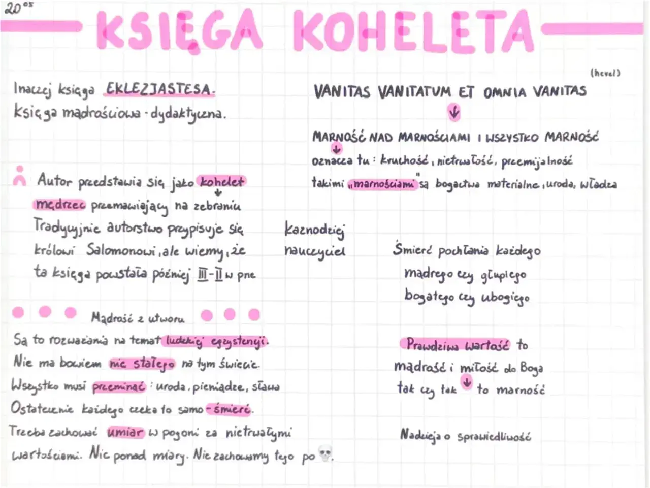 Mądrość Koheleta: "Marność nad marnościami" to refleksja nad nietrwałością dóbr doczesnych, takich jak bogactwo, uroda czy władza.