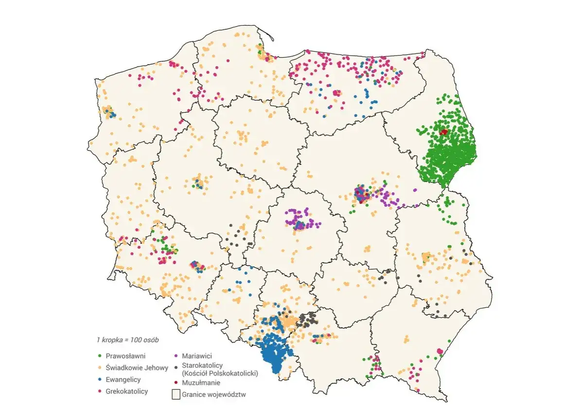 Mapa pokazuje rozmieszczenie różnych grup religijnych w Polsce. Widać skupiska prawosławnych, ewangelików, grekokatolików, świadków Jehowy, mariawitów, starokatolików i muzułmanów.