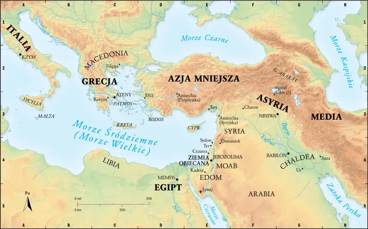 Mapa starożytnego Bliskiego Wschodu i basenu Morza Śródziemnego. Widać tu m.in. Antiochię, Grecję, Egipt i Syrię.