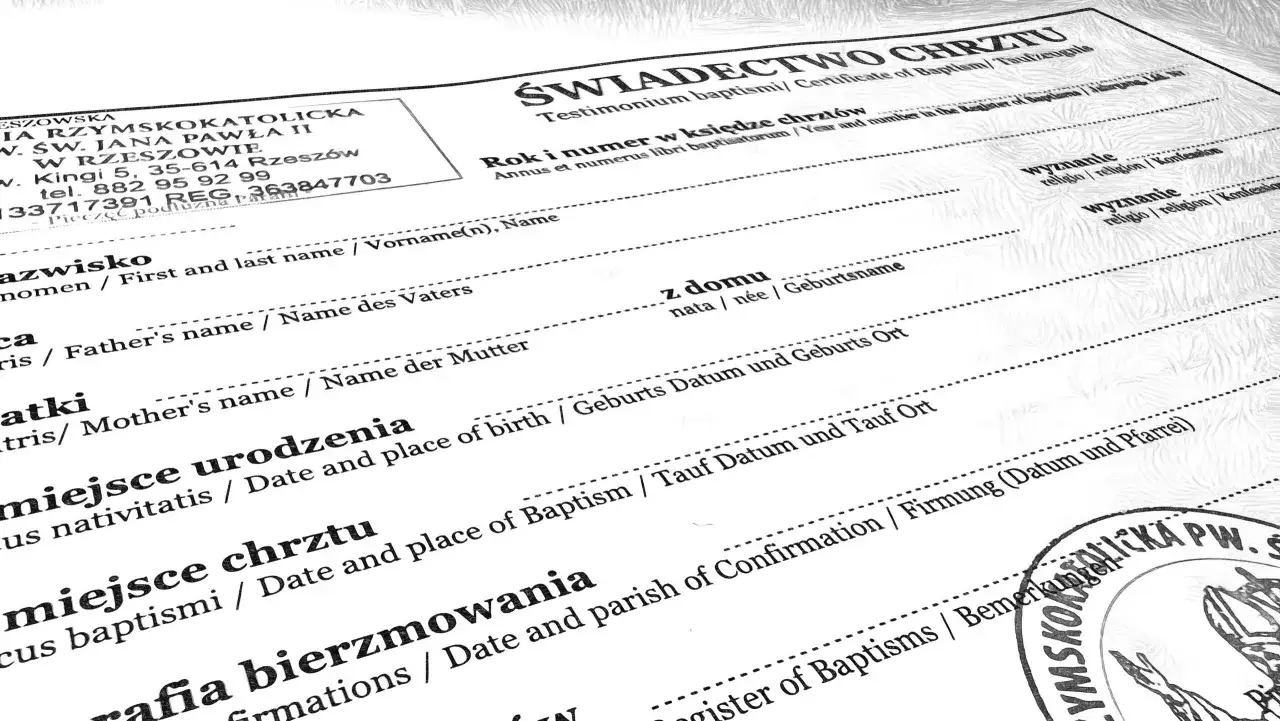 Świadectwo chrztu z Rzeszowa. Dokument zawiera dane o wyznaniu, które mogą być istotne przy rozważaniu apostazji.