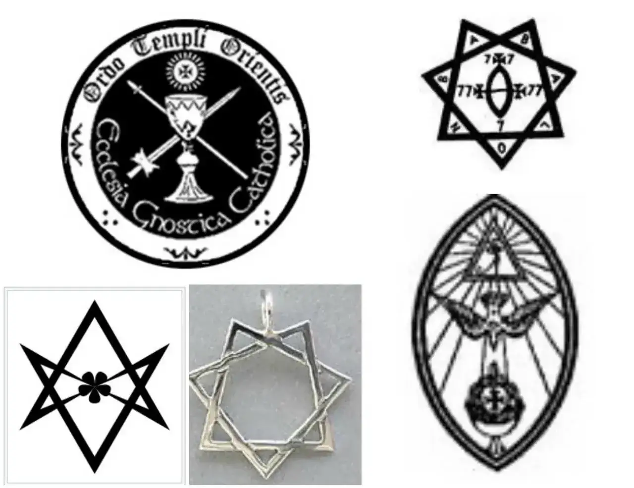 Symbole związane z thelemą: okrąg z kielichem i mieczami, gwiazda z liczbami, pentagram z czterolistną koniczyną, medalion z gołębicą i trójkątem.