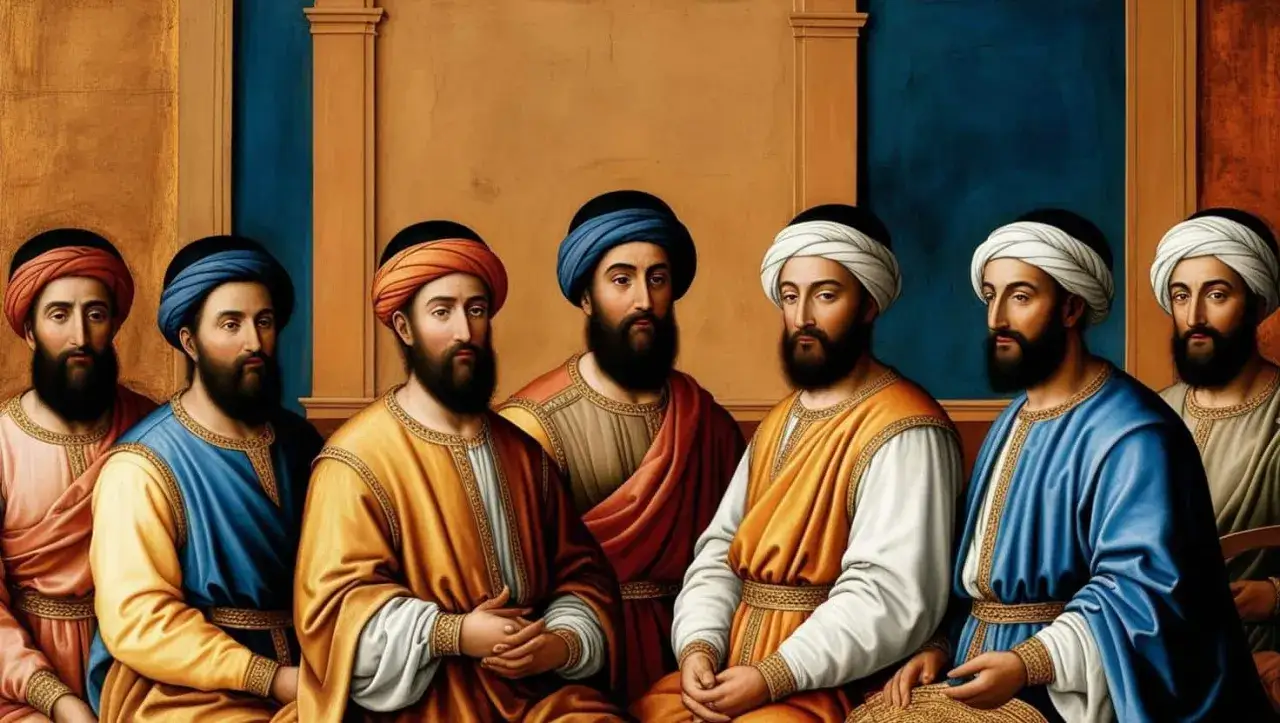 Sześciu mężczyzn w barwnych szatach i turbanach, przypominających starożytnych uczonych lub dworzan. Jeden z nich, choć nie jest eunuch, nosi strój sugerujący jego pozycję.