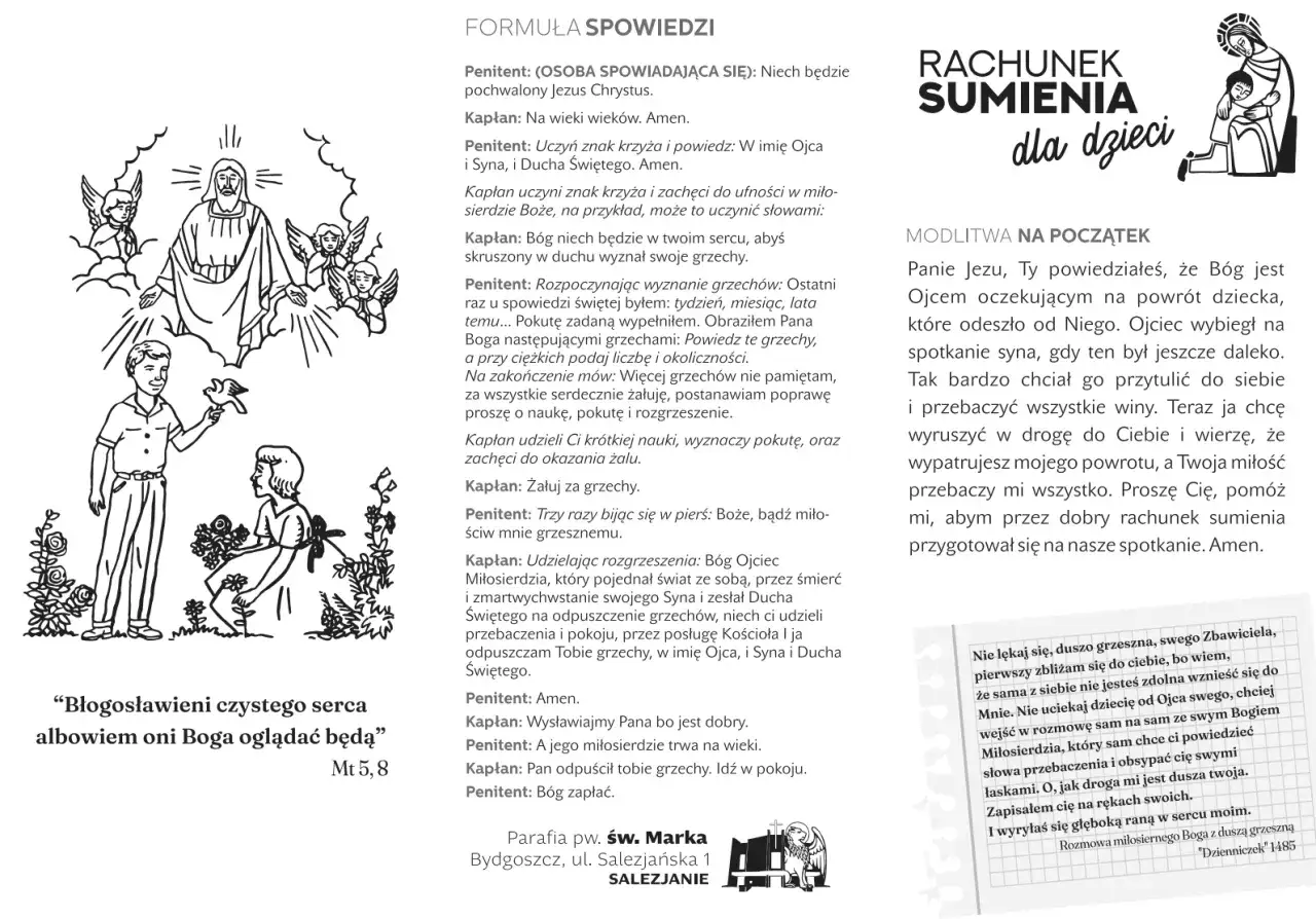 Dziecko z ptaszkiem na ręce, dziewczynka z kwiatami, Jezus z aniołami – ilustracje do rachunku sumienia, który pomaga pozbyć się skrupułów.