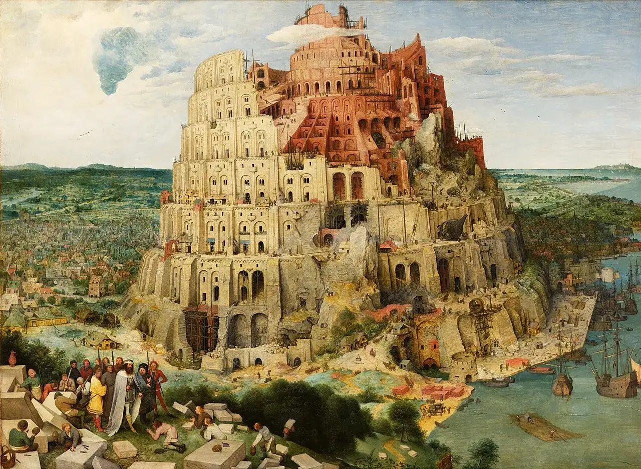 Monumentalna wieża Babel wznosi się ku niebu, otoczona miastem i morzem. Dzieło sztuki przedstawia biblijną opowieść o ambicji i karze.